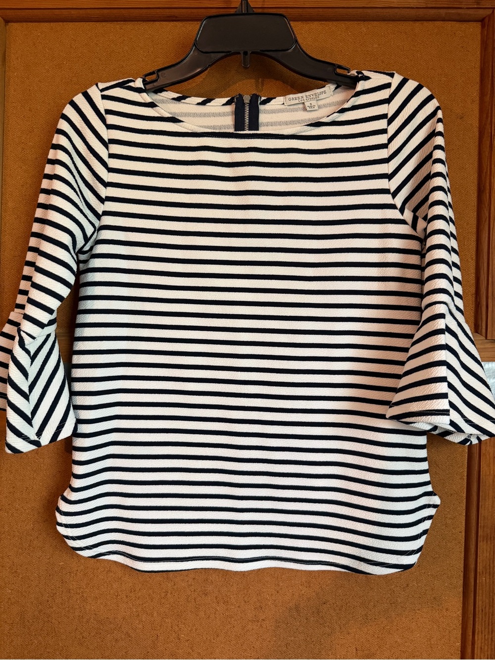 Green Envelope Black & White Striped Bell Sleeve Top